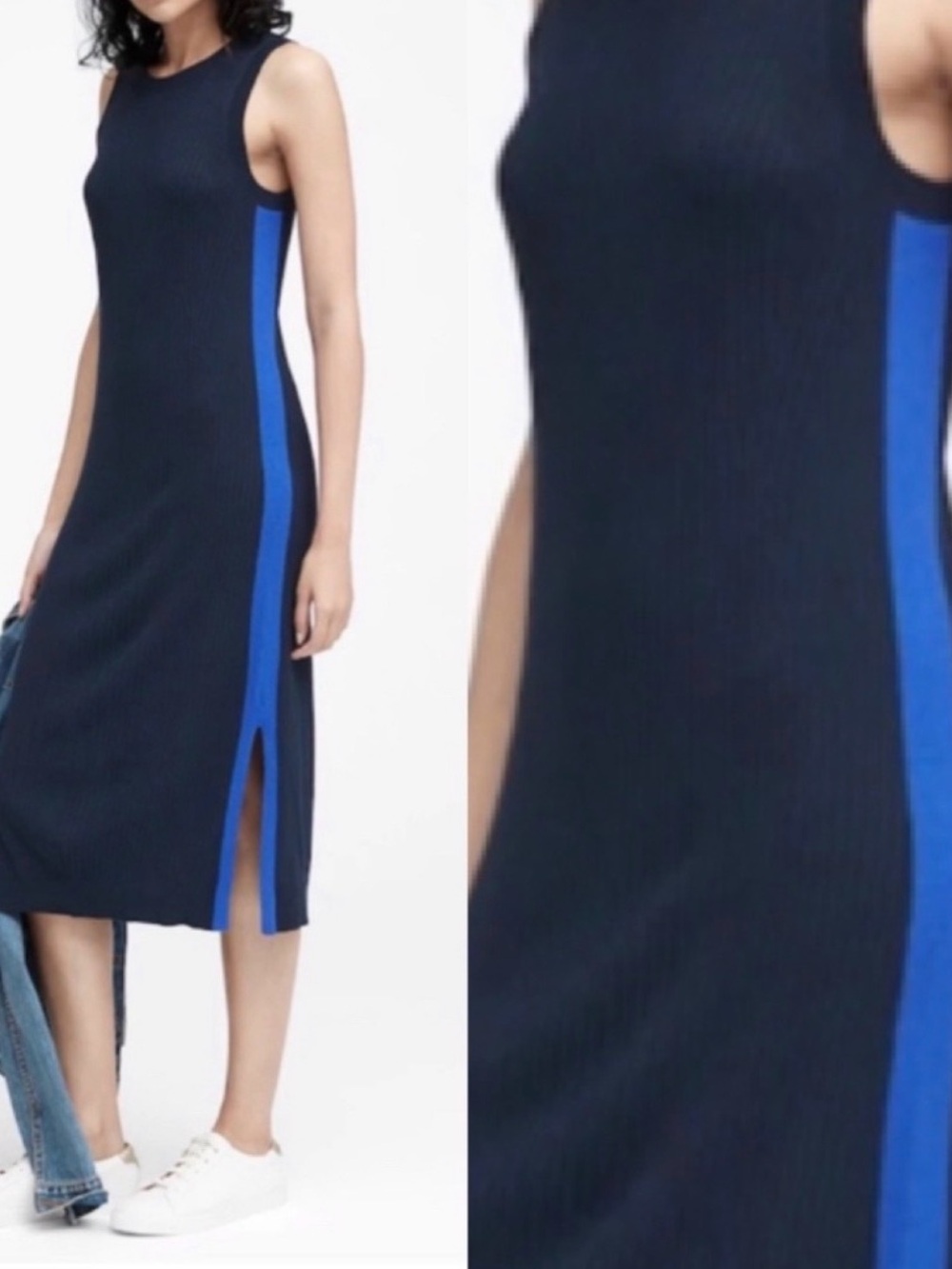 Banana Republic Knitted Ribbed Midi Dress Black/Blue Stripe XS